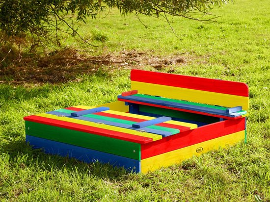 AXI Ella Holzsandkasten in Regenbogenfarben – Mit Sitzbänken und Deckel – FSC-Holz – 100 x 95 x 20 cm – Sandkasten für Kinder