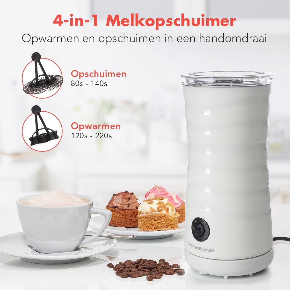 KitchenBrothers Elektrischer Milchaufschäumer - 4-in-1 - 240 ML - Weiß