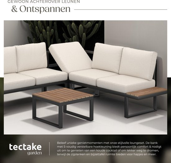 tectake® Gartenset - Loungeset 4-teilig - Wetterfeste Gartenmöbel mit Aluminiumgestell und Polyholztisch - Verstellbare Rückenlehne - Gartenmöbelset mit Kissen - Ideal für Garten, Balkon und Terrasse