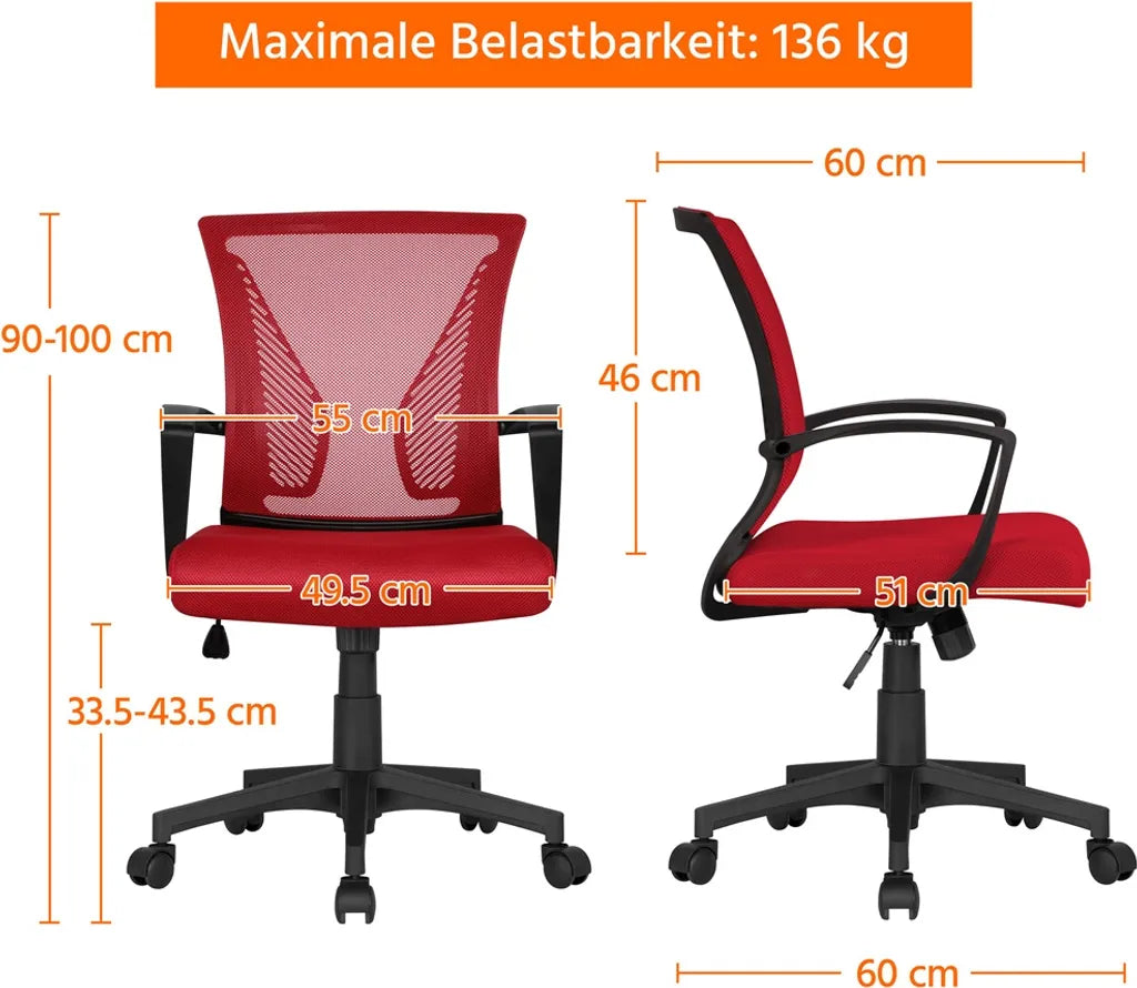 Yaheetech Ergonomischer Bürostuhl 60 x 60 x 91–100,5 cm – Rot – Verstellbarer Drehstuhl mit Netzrückenlehne