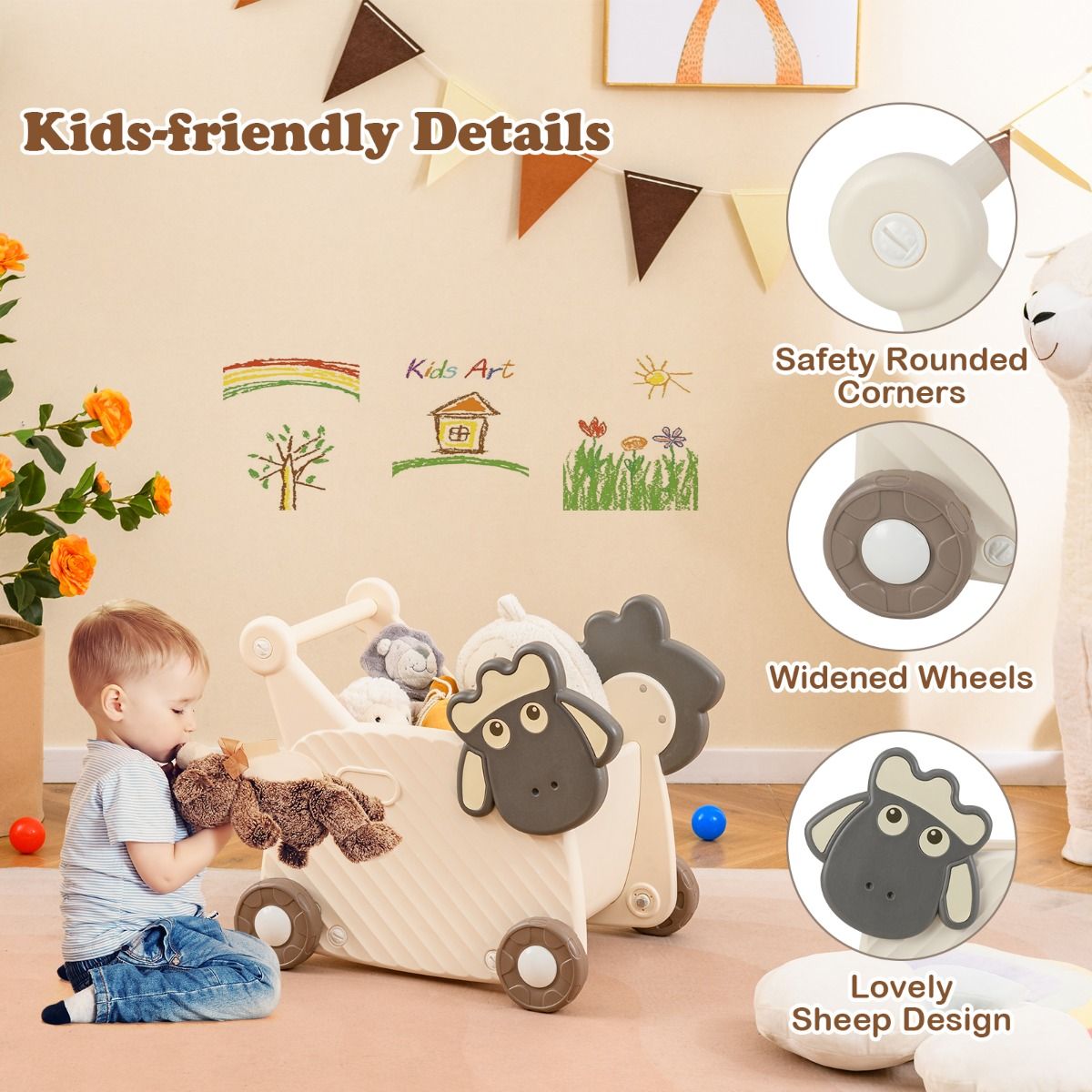 Coast Schaap Laufwagen für Kinder – 2-in-1-Aufbewahrungswagen und Lauflernhilfe – 18 Liter – Beige und Grau