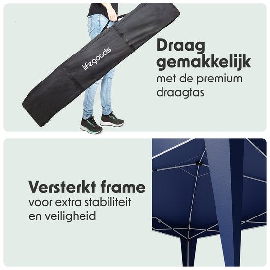 LifeGoods Party Tent Plus - Faltzelt - 3x3 m - Easy Up - Verstärkter Rahmen - Wasserdicht - Tragetasche - Blau