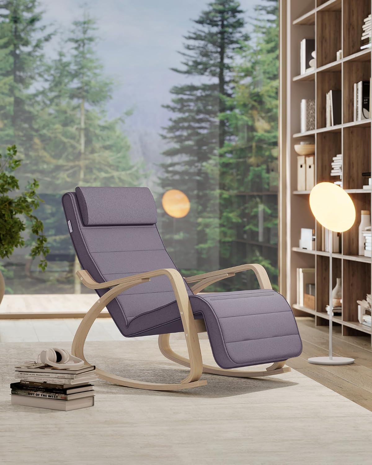 Songmics Schaukelstuhl – Birkenholz – 5-fach verstellbare Fußstütze – 121,5 x 67 x 84 cm – Grau/Beige