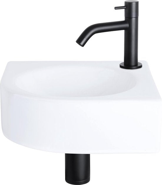 Differnz Cleo Fountain Set - Spülbecken Keramik - Weiß - Gebogener Wasserhahn - Mattschwarz - Standardgriff - 30 x 30 x 10 cm