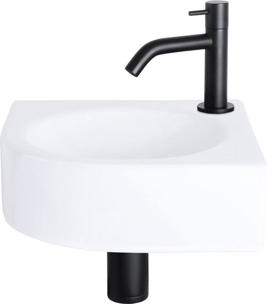 Differnz Cleo Fountain Set - Spülbecken Keramik - Weiß - Gebogener Wasserhahn - Mattschwarz - Standardgriff - 30 x 30 x 10 cm