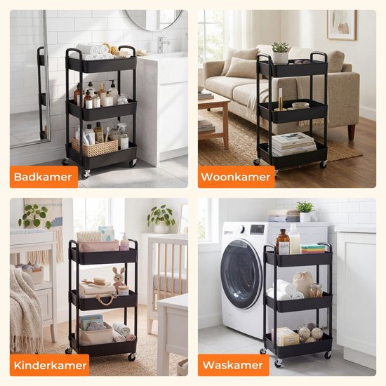 Posity Küchenwagen auf Rädern - Servierwagen / Aufbewahrungswagen / Küchenregal / Trolley Küche - Mobil und fest - 3 Schichten - Kunststoff - Schwarz
