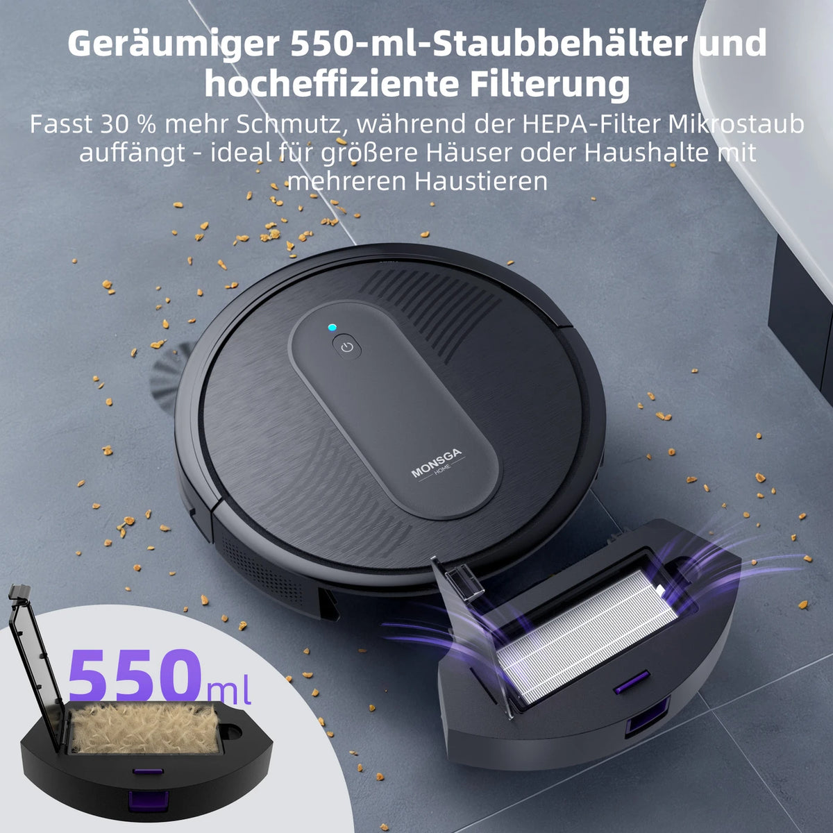 monsga „MONSGA MR1 Roboterstaubsauger, Roboterstaubsauger mit 3000 Pa starker Saugkraft, 3,2" superflach, 140 Min. Laufzeit, Staubsaugerroboter für Hartböden/kurzflorige Teppiche/Tierhaare, Fernbedienung/App/Sprachsteuerung, Reinigungsplanung