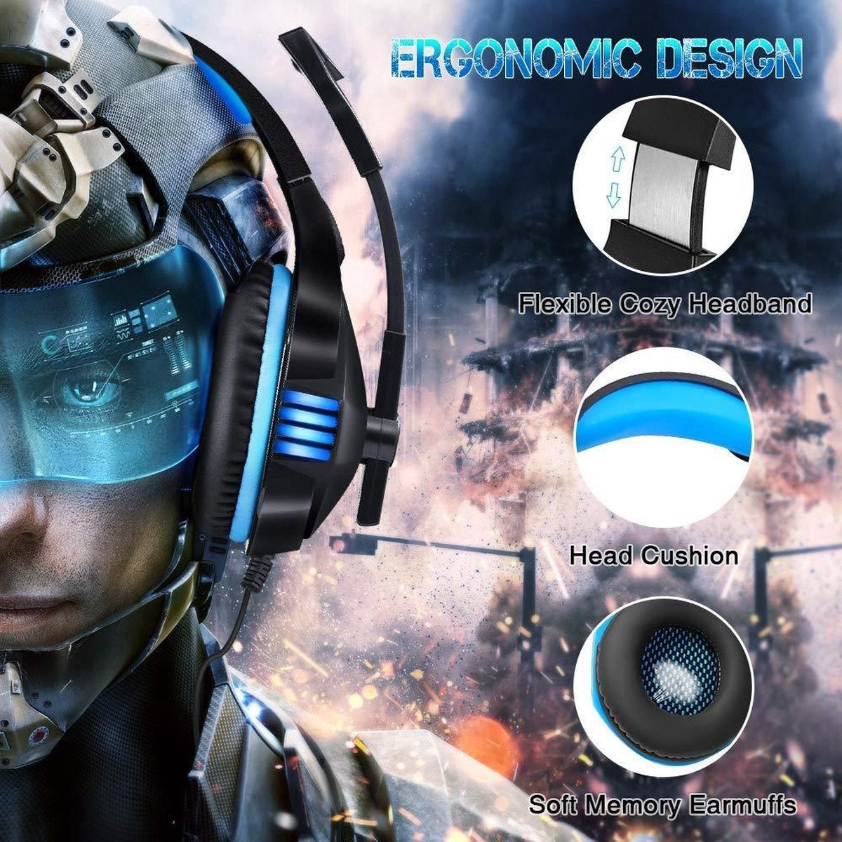 Hunterspider V3 Gaming-Headset - Schwarz/Blau - Geeignet für PS4, Xbox One & Windows