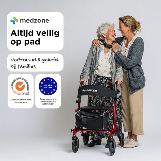 Medzone Rollator leicht und faltbar - Sitzfunktion - für drinnen und draußen - Rückenlehne und Gehstockhalterung - Champagner - Rot