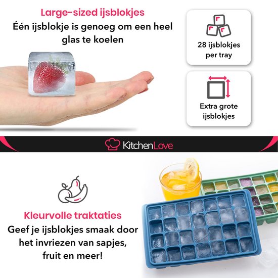 KitchenLove Silikon Eiswürfelform mit Deckel (2 Stück) - 56 Eiswürfel - Quadratisch - BPA frei - 100% Silikon - Grün & Blau