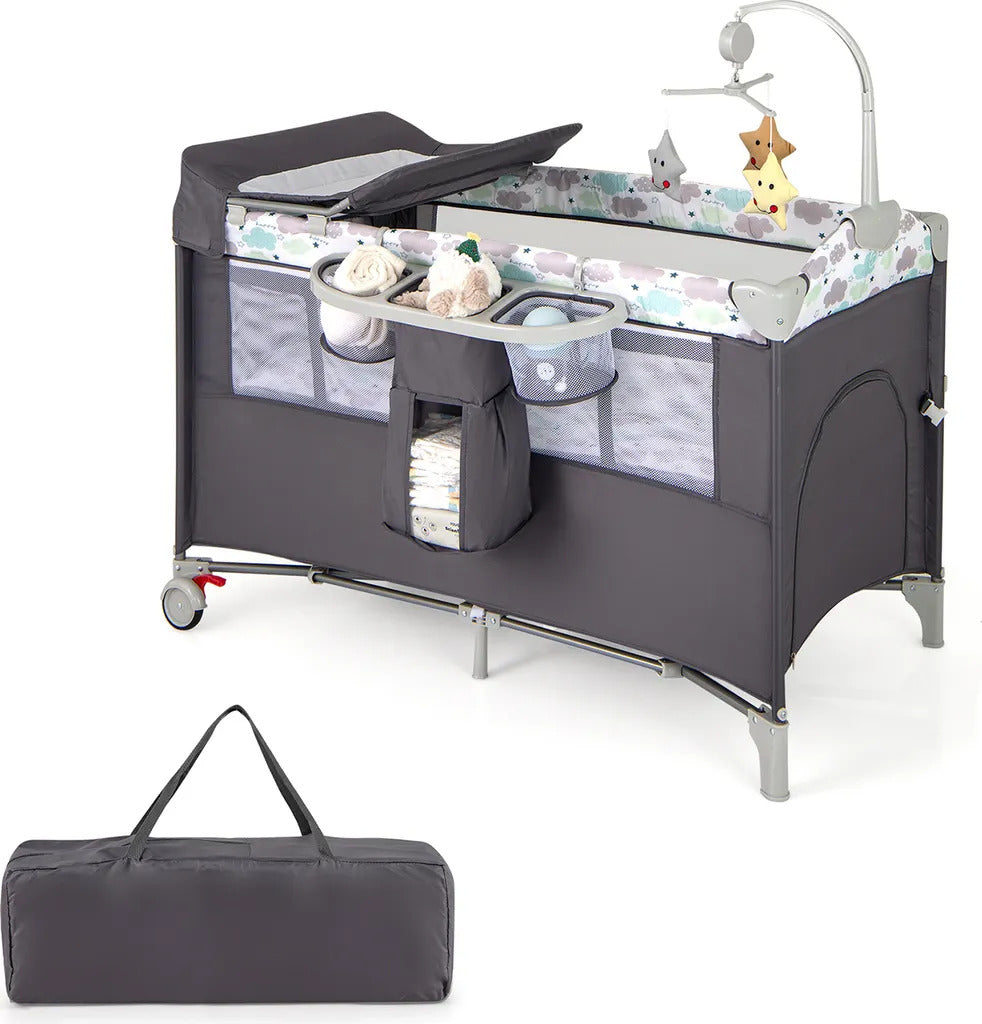 Coast Reisebett - 5 in 1 - faltbar - 2 Ebenen - inkl. Matratze - 125 x 65 x 76cm - Grau
