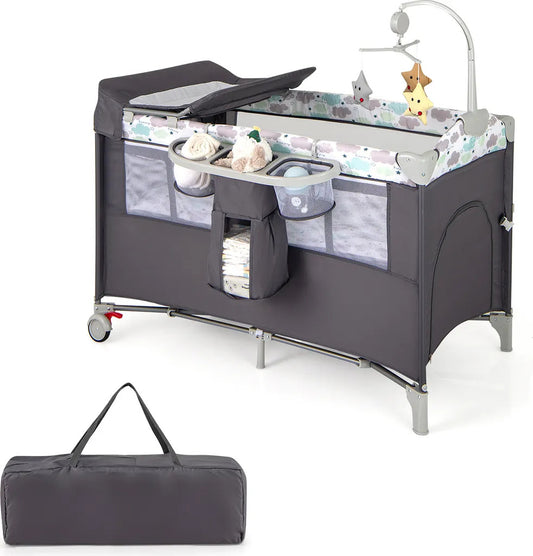 Coast Reisebett - 5 in 1 - faltbar - 2 Ebenen - inkl. Matratze - 125 x 65 x 76cm - Grau
