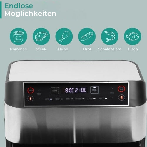 Niceey Double Airfryer - XXL - Zwei Garräume - 8,0 Liter - 2460 Watt - Heißluftfritteuse - inkl. Kochbuch - Silber