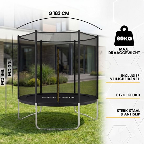 Playon Trampolin – Trampolin mit Sicherheitsnetz – Kindertrampolin – Ø 183 cm – Inklusive Randschutz – Wasser- und UV-beständig – Schwarz