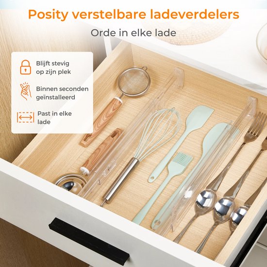 Posity Schubladenteiler - Verstellbar & ausziehbar - 12 Stück - Schubladenorganisation - Für Küche, Schlafzimmer & Kleidung - Kunststoff - Transparent
