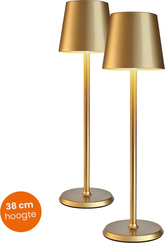 Goliving Essence Tischlampe Wiederaufladbar - 2 Stück - Kabellos und dimmbar - Moderne Touch-Lampe - Nachtlampe für das Schlafzimmer - 38 cm - Gold