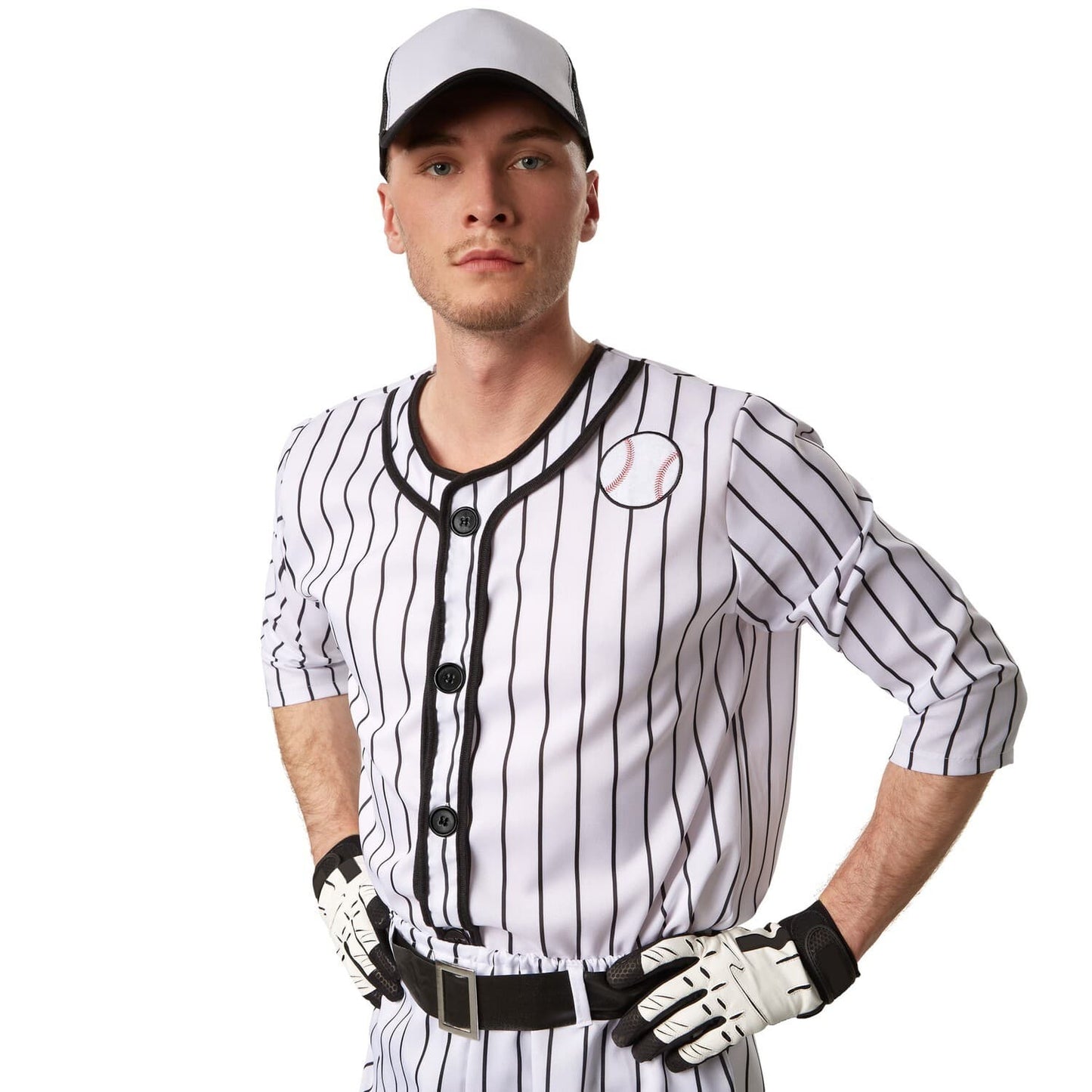 Baseball-Kostüm für Herren - Größe M - schwarz/weiß - bestehend aus Hose, Oberteil, Gürtel und Socken