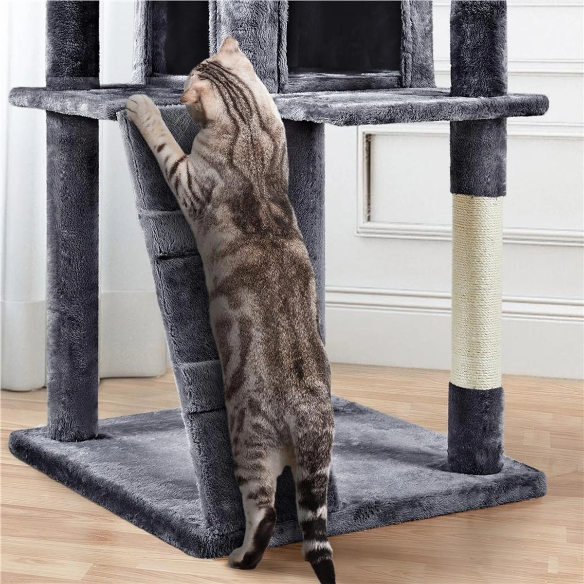 Yaheetech Katzenpfosten XXL mit zwei Katzenkörben - ausgestattet mit Kletterrampe und Katzenohr-Liege und hängenden Spielbällen - für Haushalte mit mehreren Katzen - dunkelgrauer Plüsch und Sisal - 59,5 x 55 x 202,5 cm