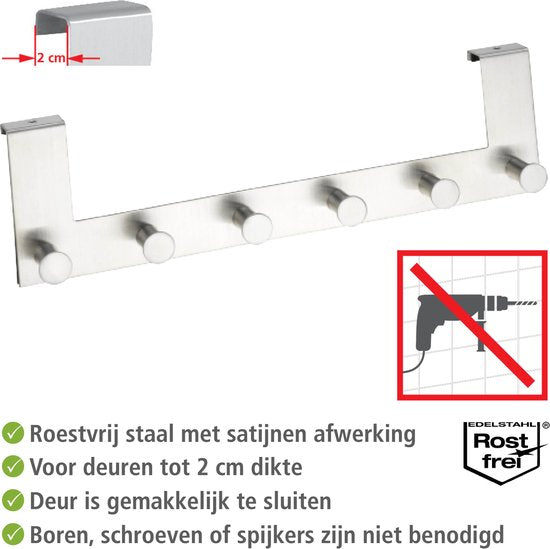 WENKO Türgarderobe Celano aus Edelstahl, 39 cm breit, mit 6 Haken – Hakenleiste – Türgarderobe – Für Aufsatz-Türen mit einer Stärke von 2 cm