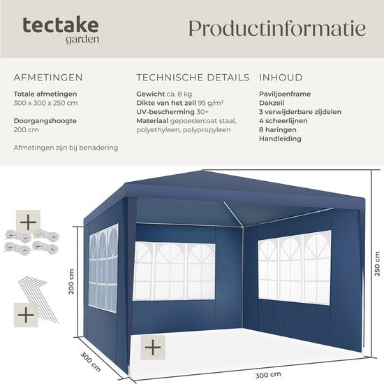 tectake - Pavillon - mit verstärktem Rahmen - Partyzelt 3x3 m - wasserdichte Plane - abnehmbare Seitenwände - wetterfester Gartenpavillon - inklusive Spannleinen und Heringe - blau - Pop-up-Faltzelt
