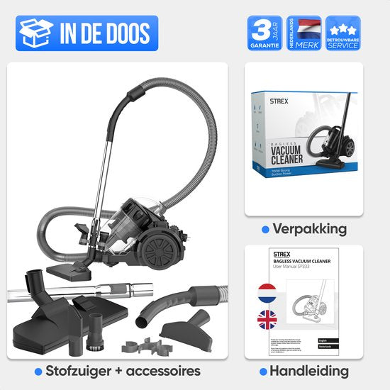 Strex Beutelloser Staubsauger - 700W Leistungsstarker beutelloser Staubsauger - HEPA Filter - 2.5L Staubbehälter - Extra langes Kabel - Inklusive 4 Aufsätze