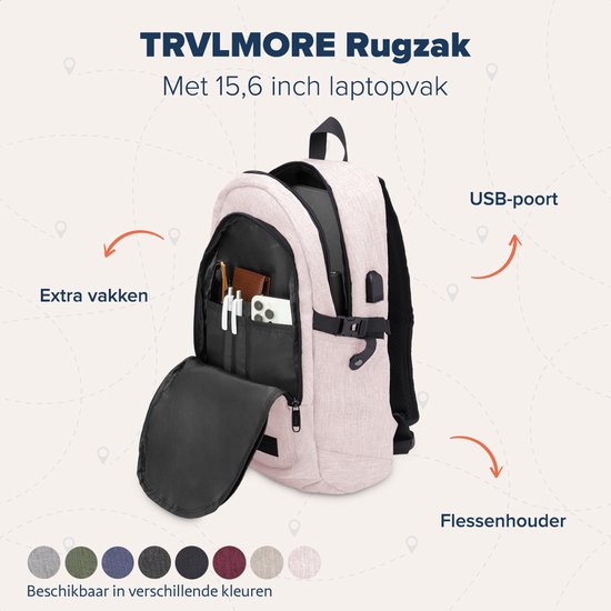 TRVLMORE Rucksack - 25L - 15.6 Zoll - Laptop-Rucksack mit USB - Schultasche - Männer und Frauen - Tasche Pink