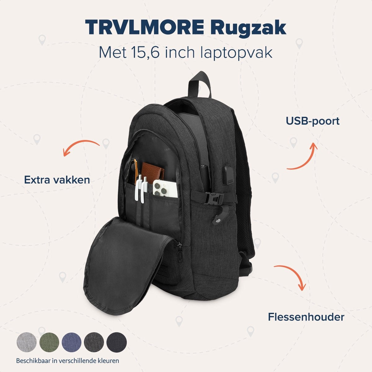 TRVLMORE Rucksack - 25L - 15.6 Zoll - Laptop-Rucksack - Schultasche - Unisex - Spritzwassergeschützt Anthrazit
