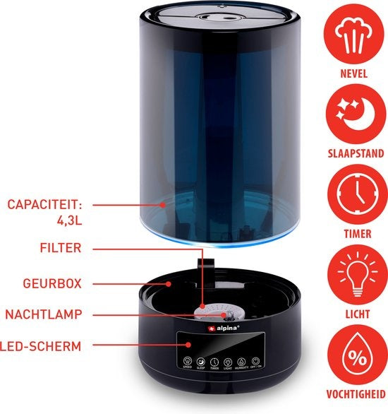 alpina Luftbefeuchter 4.3L - Luftbefeuchter - Aroma Diffuser mit Timer - Fernbedienung - Schwarz