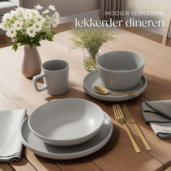 tectake® Geschirrset Una – 30-teilig – Steingut – für 6 Personen – stilvolles und langlebiges Geschirr – Set mit großen und kleinen Tellern, Schüsseln, Schälchen – Tassen – grau