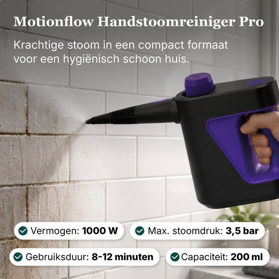 Motionflow 11-teiliger Handdampfreiniger PRO – Leistungsstarker 1000-W-Dampfreiniger mit 3,5 bar – Reinigungsgerät für Badezimmer, Sofa und Boden – Dampfreiniger zur Fleckenentfernung – 3 Meter langes Netzkabel