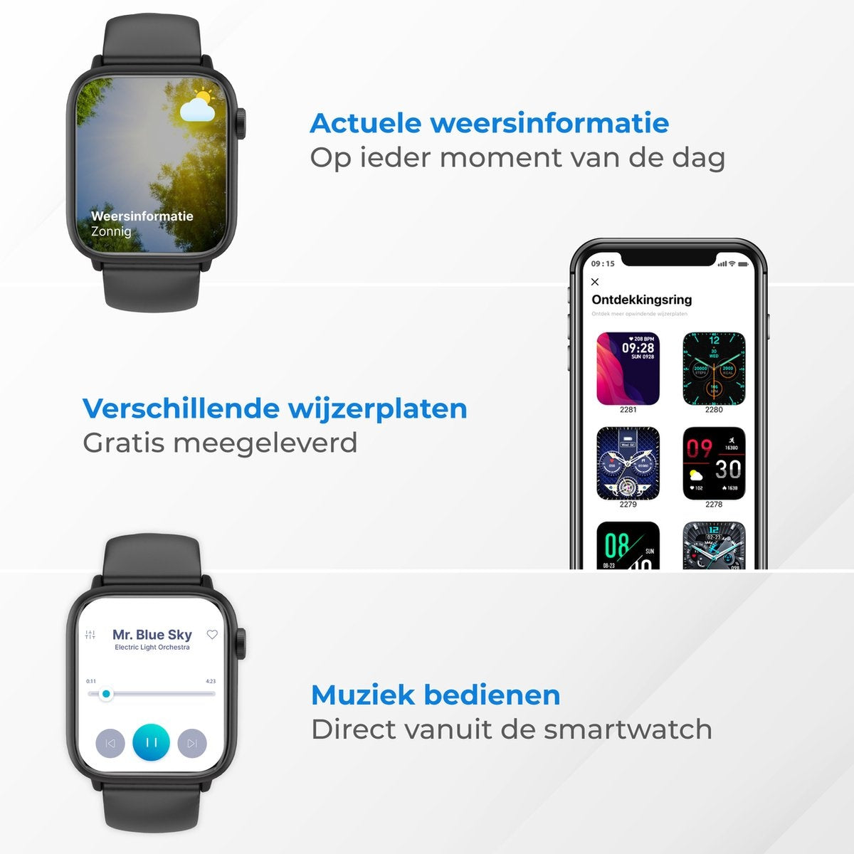 Nuvance Smartwatch Männer & Frauen - 45mm - Für iOS & Android - Schrittzähler und Herzfrequenzmesser - Wasserdicht - Schwarz
