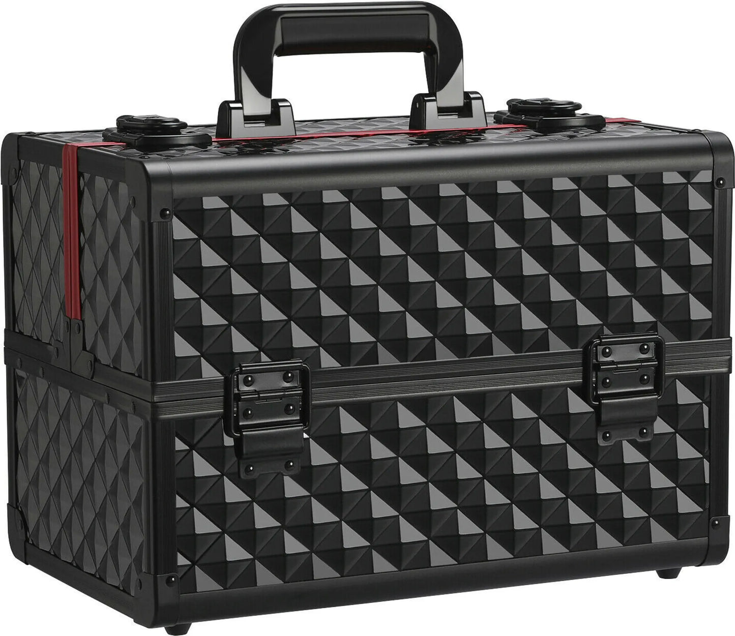 Yaheetech Schminkkoffer mit 3 Lagen - 34,7 x 22,2 x 25 cm - Ausgestattet mit verstellbaren Fächern und Samtfutter und Schloss mit Schlüssel - Für Friseure und Kosmetikerinnen - Schwarz und Rot Aluminium