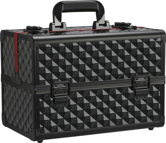 Yaheetech Schminkkoffer mit 3 Lagen - 34,7 x 22,2 x 25 cm - Ausgestattet mit verstellbaren Fächern und Samtfutter und Schloss mit Schlüssel - Für Friseure und Kosmetikerinnen - Schwarz und Rot Aluminium