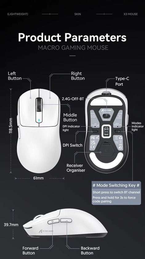 Attack Shark Gaming Maus X3 – 26000 DPI – Tri Mode 2.4G Bluetooth USB-C – 200 h Akku – Programmierbare Tasten – 49 g – Weiß