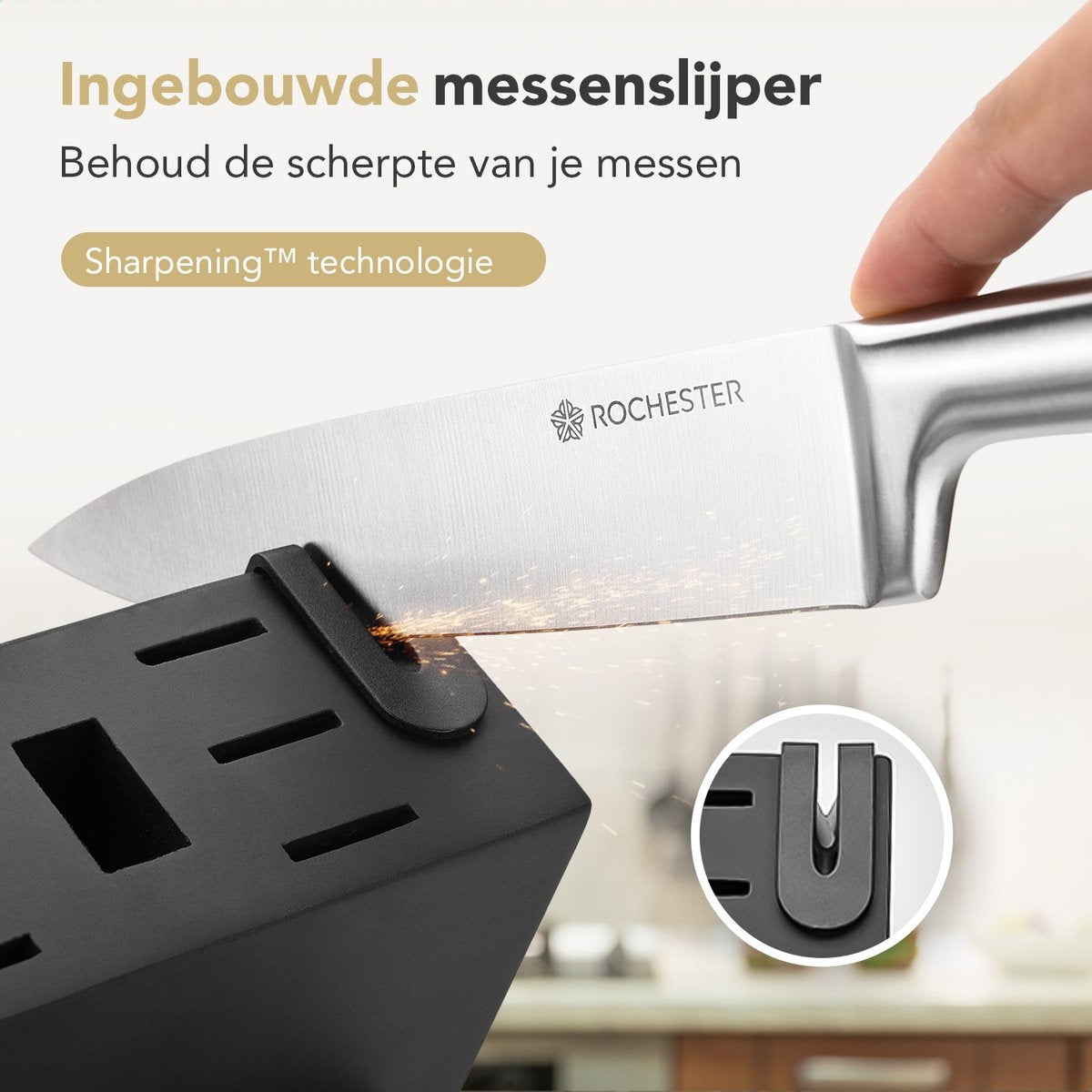 Rochester 14-teiliges Messerset mit Block und Messerschärfer - Küchenmesser mit Messerblock - Rostfreier Stahl - Kratzfeste Beschichtung