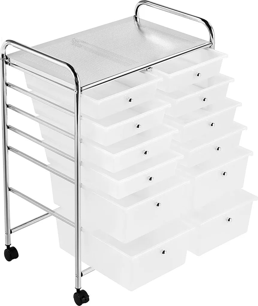 Rollwagen mit 12 Schubladen auf Rädern, Metallgestell und Griffen, weiß, 63 × 38,5 × 82 cm