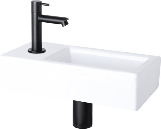 Differnz Helios Springbrunnen-Set – 37,5 × 18,5 × 9,5 cm – Rechteckig – 1 Wasserhahnanschluss links – Gerader, mattschwarzer Wasserhahn – Weiß