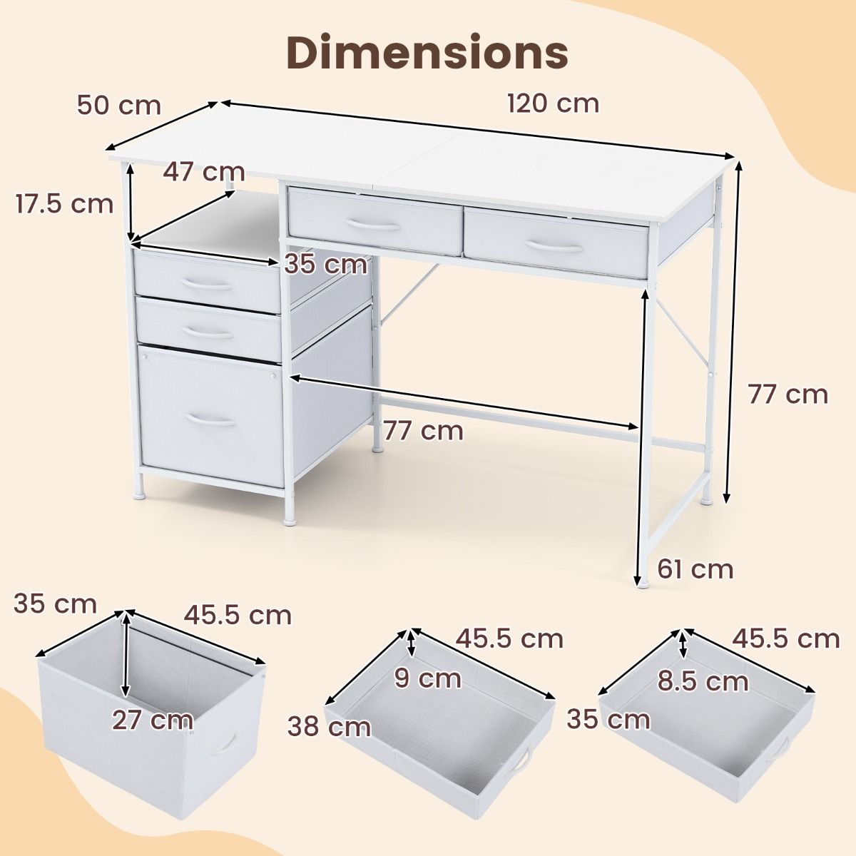 Coast Computertisch – mit Stauraum und offenem Regal – 5 Stoffschubladen – Metallgestell – 120 x 50 cm – Café & Schwarz