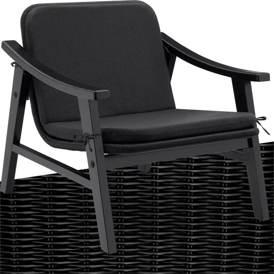 tectake - Garden Chair - Holzstuhl für Balkon oder Garten - Korbgeflecht-Sitzfläche - Outdoor-Sessel - Belastbarkeit bis 150kg - Stuhl für den Innen- und Außenbereich - inkl. Kissen - schwarz