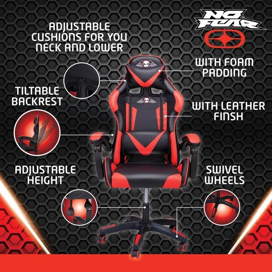 No Fear Gaming Stoel - Game Stoel - Bureaustoel - Hoogte Verstelbaar 46 tot 56cm - Rood/Zwart
