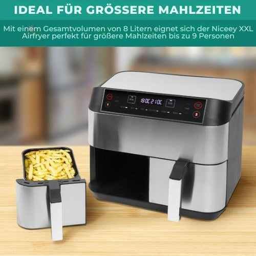 Niceey Double Airfryer - XXL - Zwei Garräume - 8,0 Liter - 2460 Watt - Heißluftfritteuse - inkl. Kochbuch - Silber