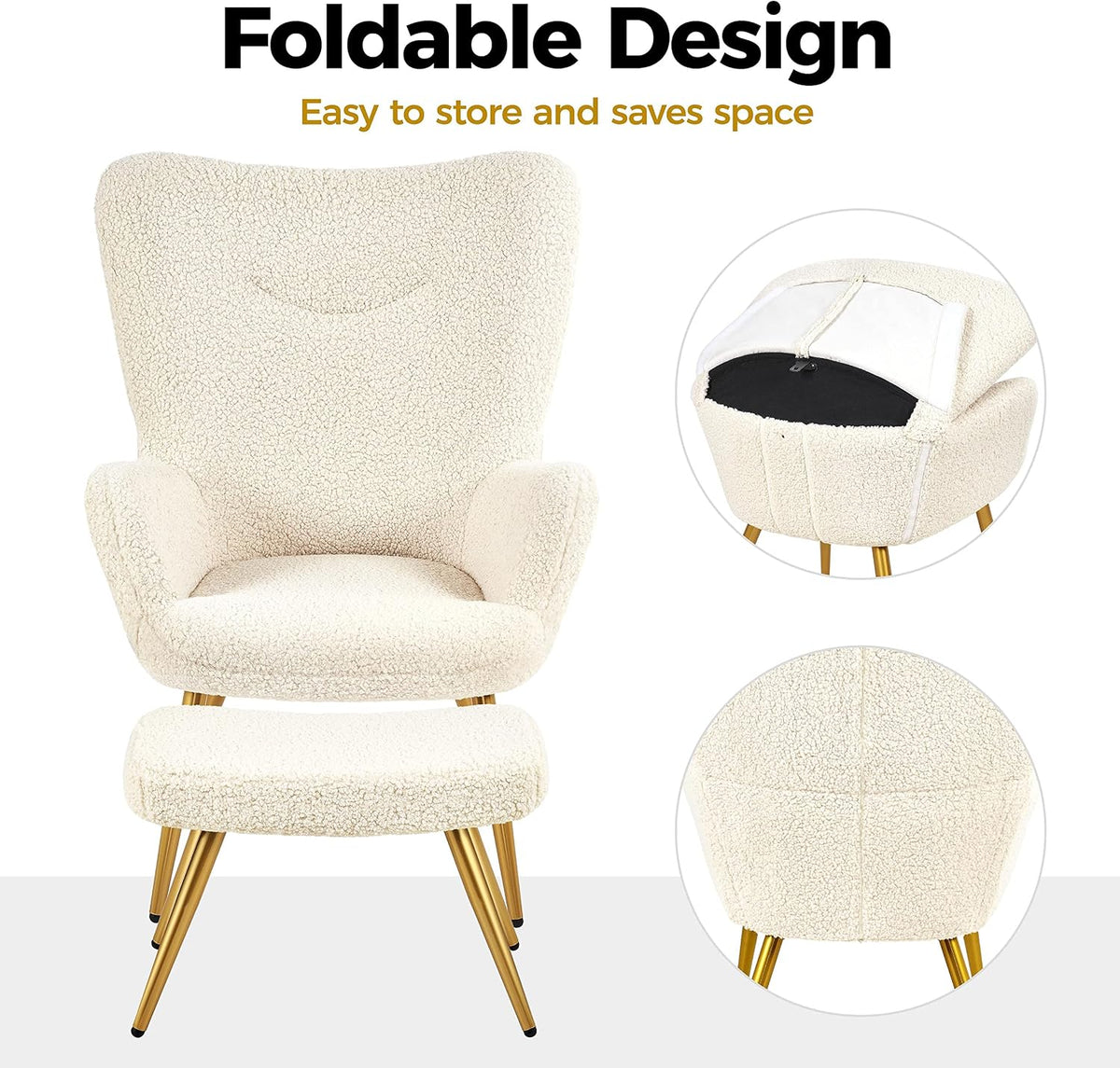 Yaheetech Ohrensessel mit Fußhocker – Teddy-Stoff – Elfenbeinweiß – 67,5 x 70 x 97,5 cm