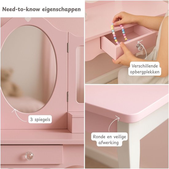 Maxx Kidz Kinderschminktisch mit Spiegel – Rosa Kinderschminktisch aus Holz mit Hocker – Schminktisch für Kinder – Spielzeug für Mädchen ab 3 Jahren