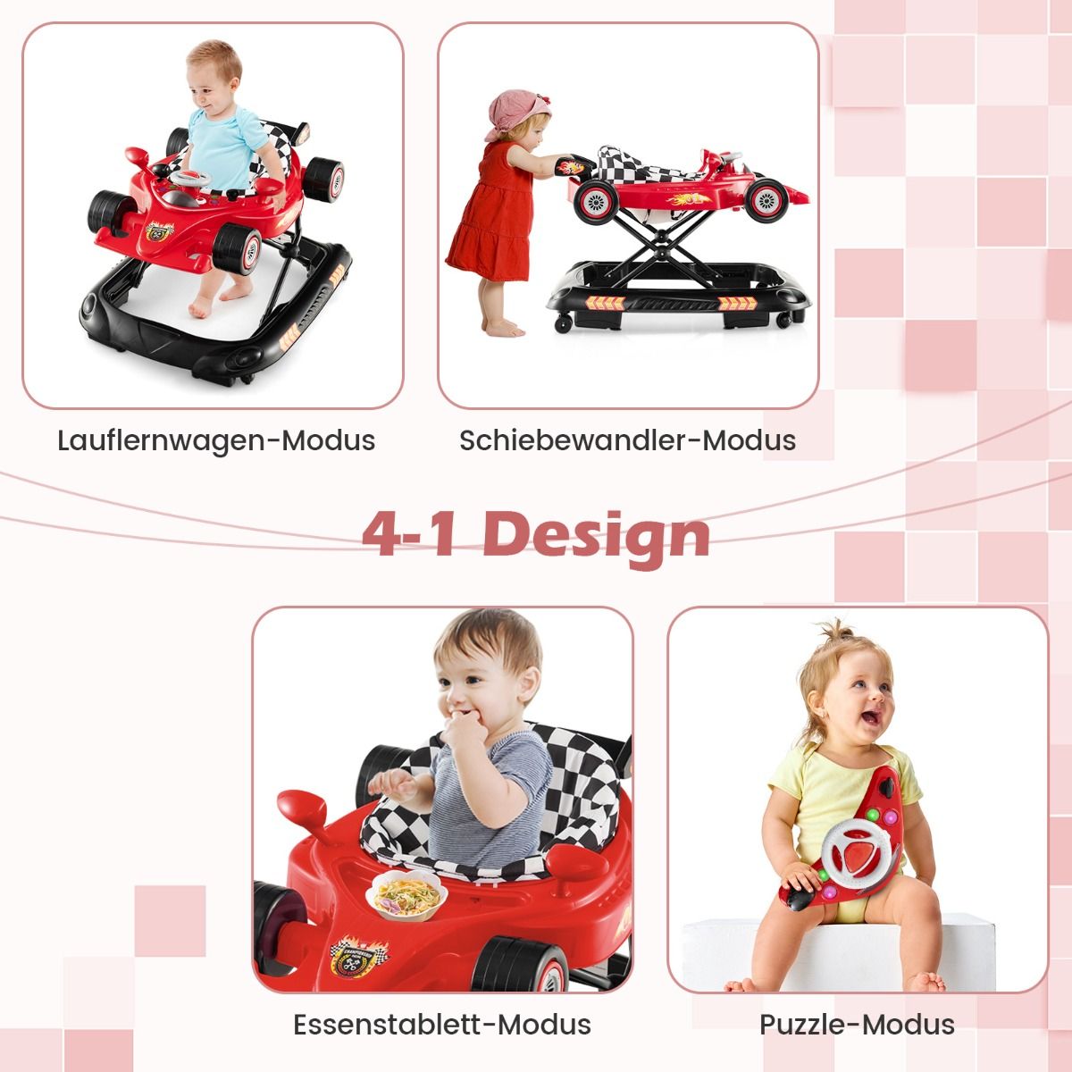 Coast 4-in-1-Lauflernwagen – höhenverstellbar – abnehmbares Spielbrett – rosa