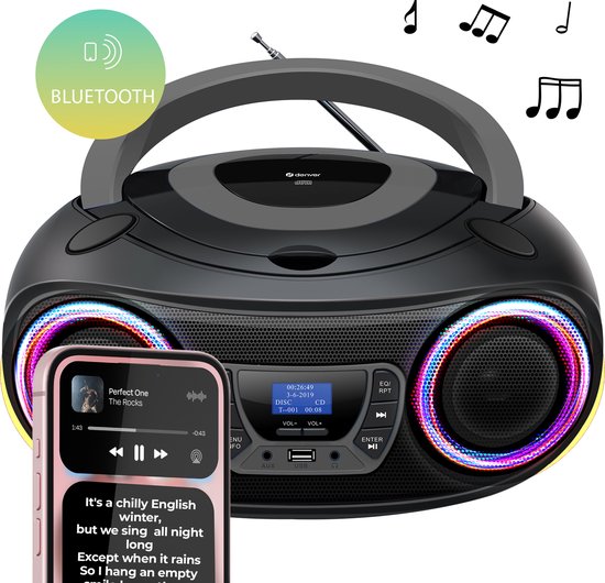 Denver Tragbares DAB-Radio CD-Player Kinder - Bluetooth - Lichteffekte - Boombox - AUX - FM - TDB212GREY