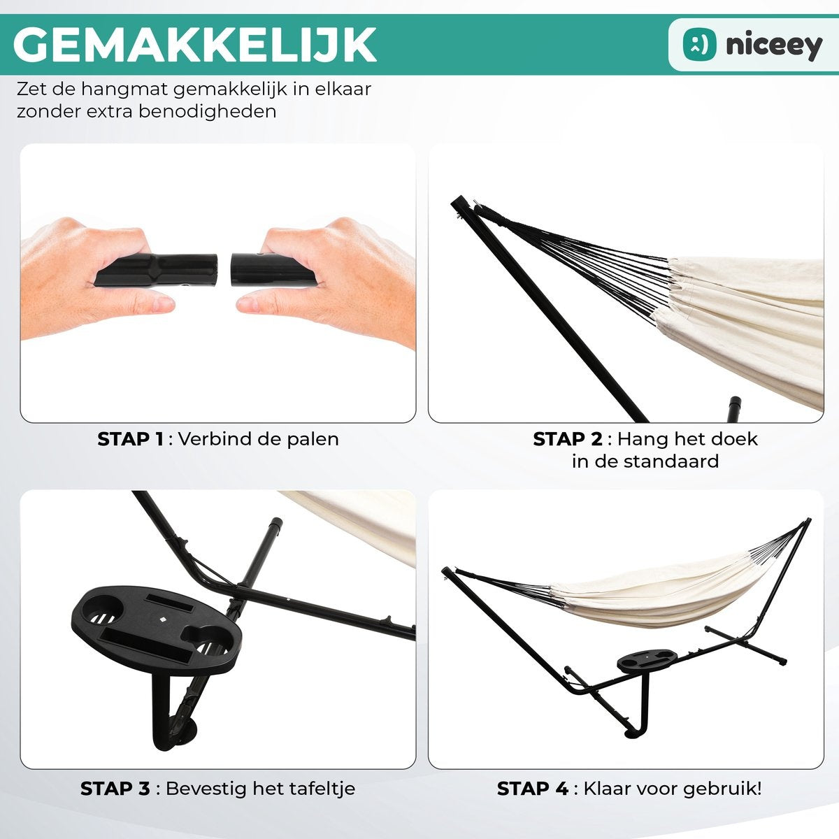 Niceey Hangmat met Standaard â€šÃ„Ã¬ 2 Persoons â€šÃ„Ã¬ Incl. Bekerhouder â€šÃ„Ã¬ 250kg - Beige