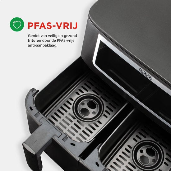 Bourgini Duo Heißluftfritteuse - 2 x 4,0L – PFAS-frei – XXL – 2 Einschübe mit Synchronisationsfunktion – Touchscreen – 8L – 2600 W – Schwarz