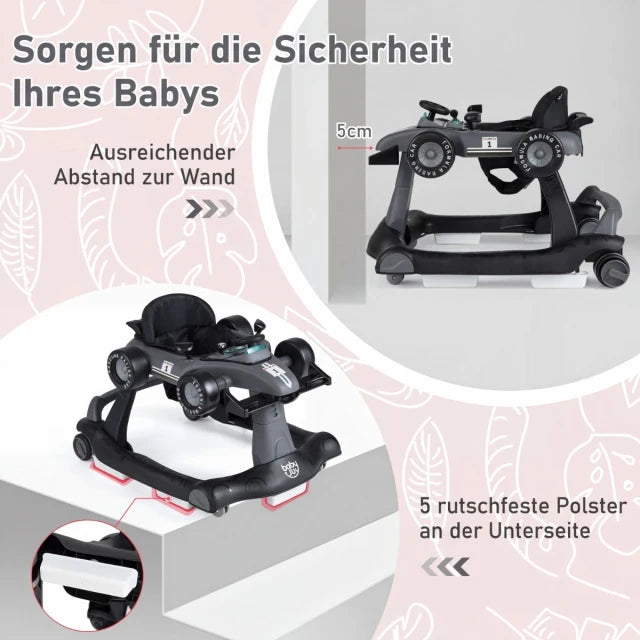 Coast Baby Walker 4-in-1 – Zusammenklappbarer Lauflernwagen mit Musik und Beleuchtung – Dunkelgrau