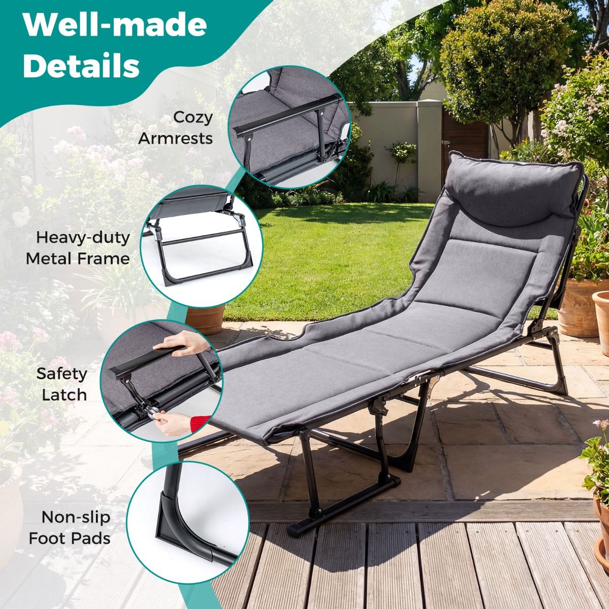 Coast Faltbares Campingbett 3-in-1 – verstellbare Rückenlehne – Kopfstütze – grau und schwarz