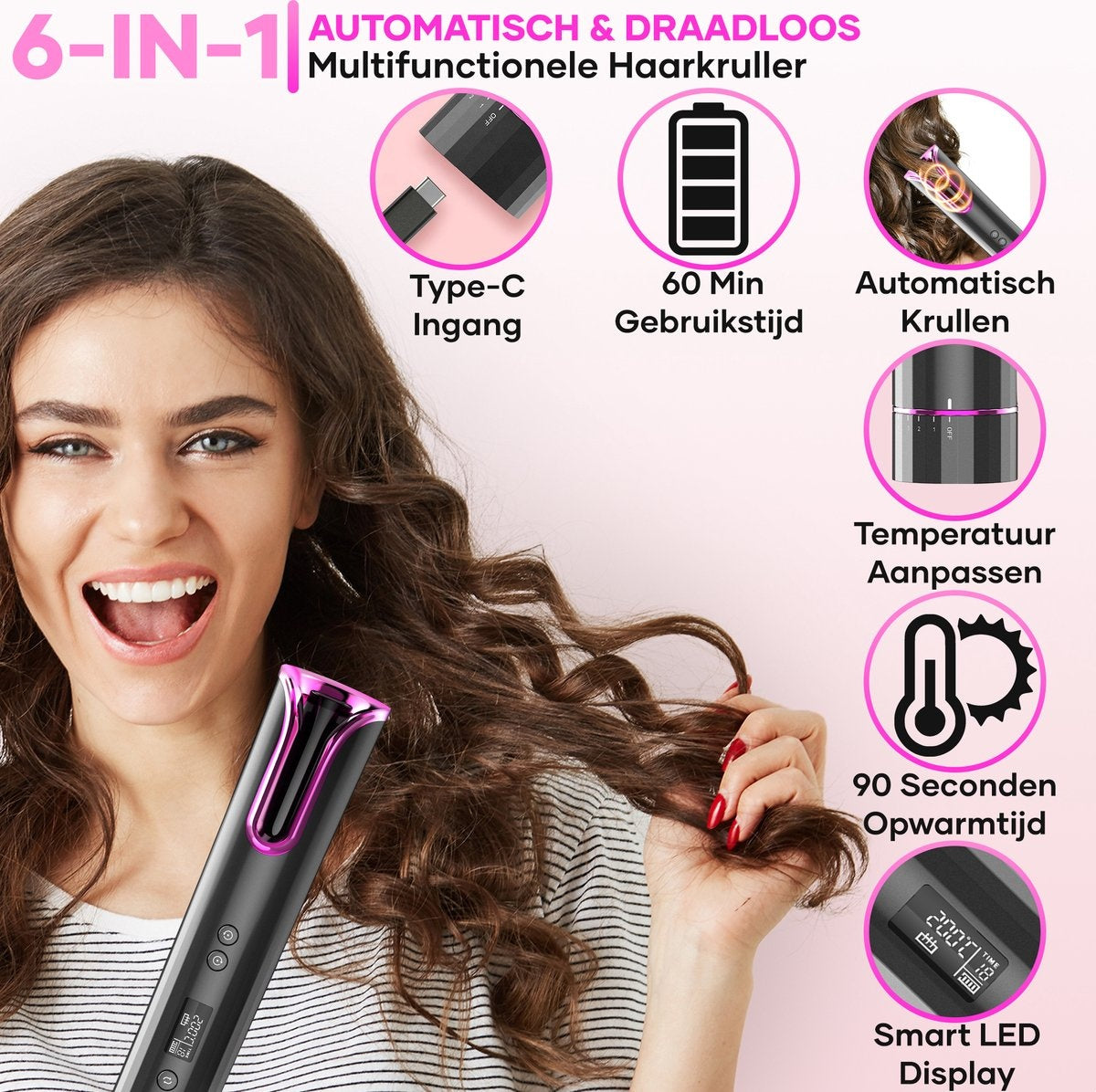 MoreWomenÂ® Automatischer Lockenstab - Kabelloser Lockenstab - 150Â°C-200Â°C - Wiederaufladbar & mit Einsätzen